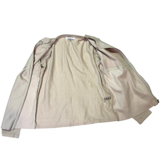 Sioni | Beige Knit Mesh Sleeve Sweater, Cardigan, Gold Zipper, Leather Jacket - Picture 4 of 6